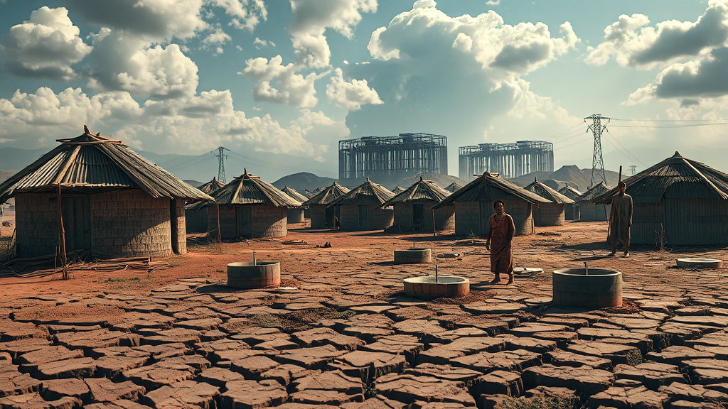 AI 데이터센터 물 사용량 증가, 원인과 환경 영향 및 절약 기술 동향 7 데이터센터 건립과 지역 물 부족 문제 (realistic 스타일)