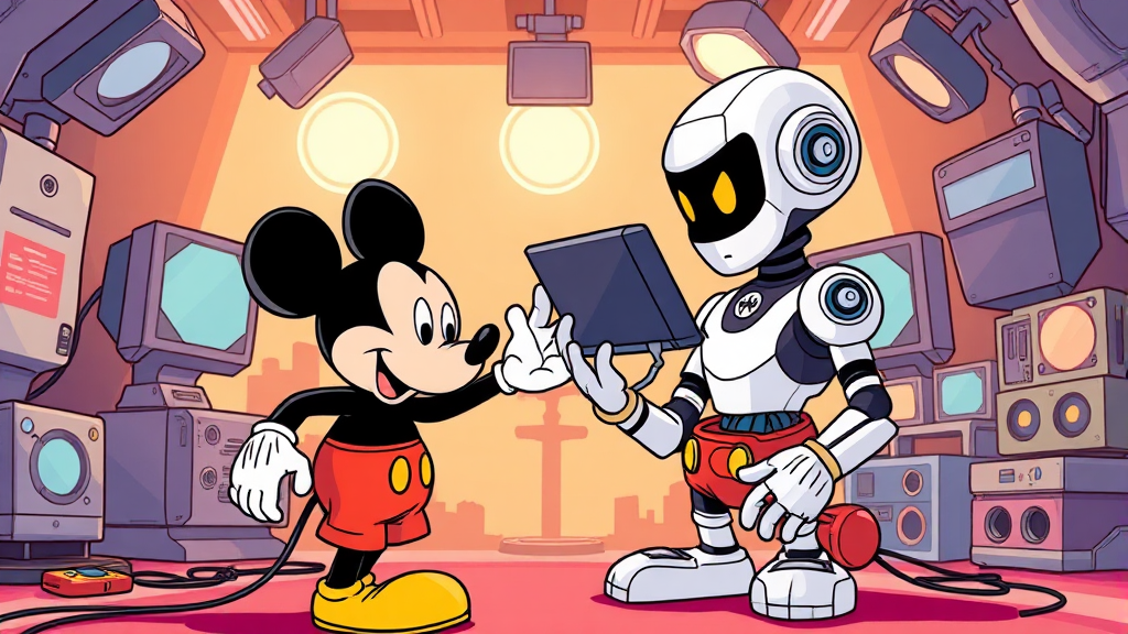 디즈니의 AI 투자 및 전략 (cartoon 스타일)
