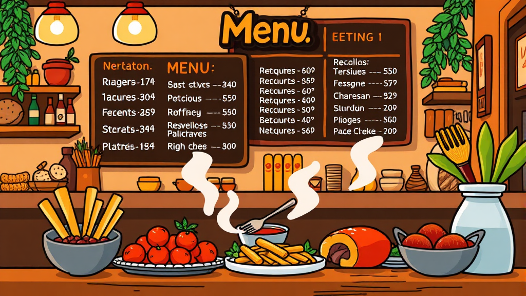 흑백요리사2 총정리: 논란 해명, 맛집 정보, 메뉴 가격, 방문 후기 6 식당 메뉴 및 가격 정보 (cartoon 스타일)