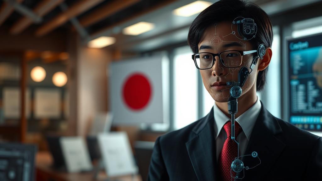 일본 정부의 AI 활용 확대 방침과 법무·의료 분야 계획 (realistic 스타일)