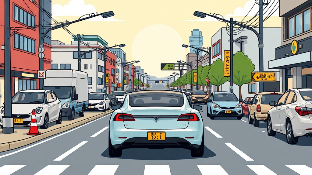 한국 시장의 도로 환경과 교통 문화 (cartoon 스타일)